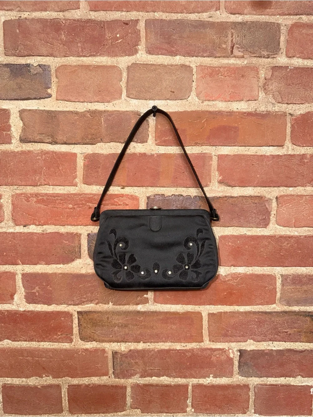 Black Floral Embroidered Small Shoulder Bag Bedazzled Pink Silk Classy